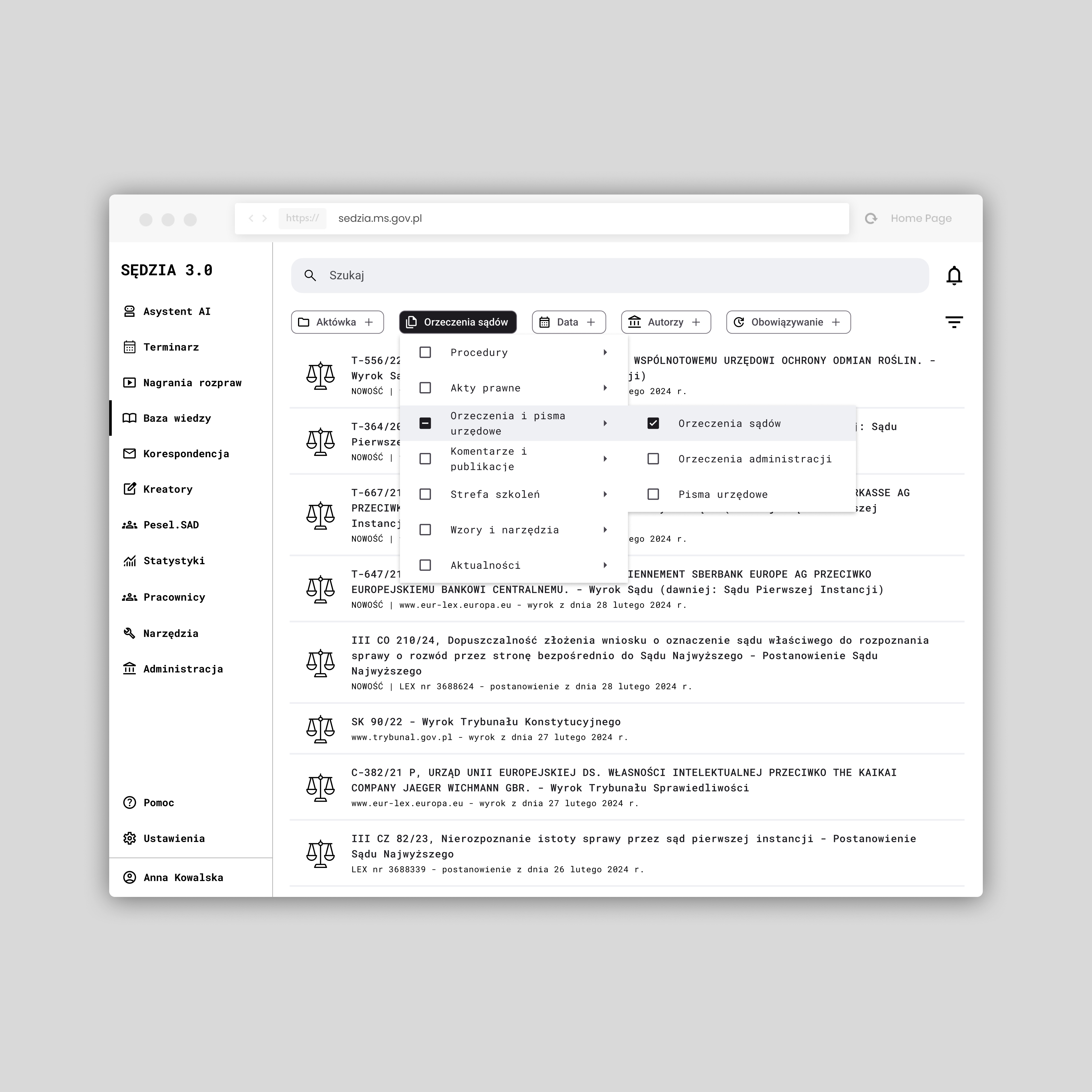 Dashboard sędziego — widok kalendarza i spraw bieżących